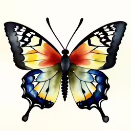 a watercolor painting of a butterfly on white background,an illustration of a butterfly with different colors,a colorful butterfly on white background with watercolor,the colors of a butterfly are really vibrant,watercolor painting of a butterfly with multi - colored wings