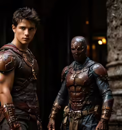 the pair of actors who play gladiaus in tv movies are wearing leather outfits and weapons