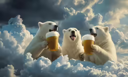three polar bears are holding beers in front of their mouths