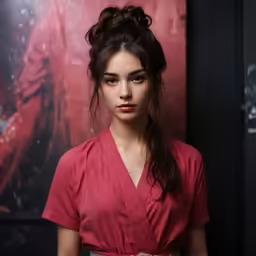 an attractive woman in a red top looks off into the distance