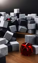 many cubes of various sizes with red stone on the top