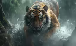 a tiger walking through the jungle on the water