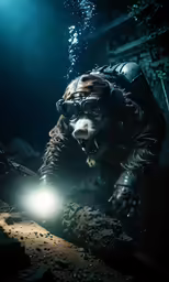 a scuba dog is underwater and lights his flashlight in his mouth
