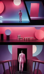 a man in a pink suit and pink shoes stands outside