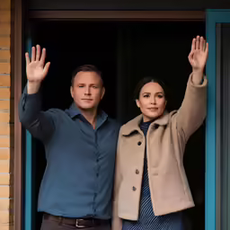 a man and a woman are waving out a window