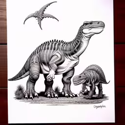 a black and white image of a dinosaur,a drawing of dinosaurs eating and standing next to each other