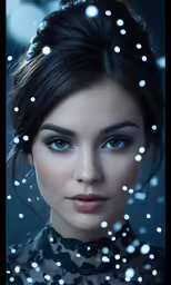 a woman wearing blue eyes is standing