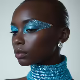 a woman wearing blue face paint and wearing a necklace