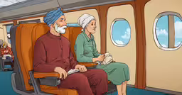 an animated man and woman in a seat on a train,an animated image of two people sitting in a jet plane