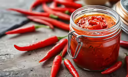 a jar filled with red peppers next to some other chili