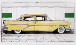 this is an old yellow car with grey stripes