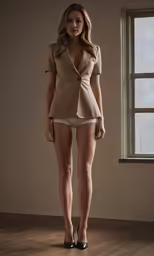 a woman in short shorts stands near a window