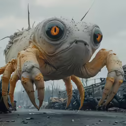 a creature standing in front of a pile of old tires