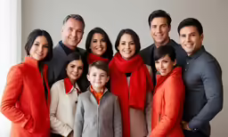 a family in orange and grey wearing red poses for a picture