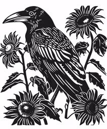 a crow sitting on top of a sunflower,a black bird perched on top of a flower