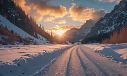 a road lined with snow in the mountains