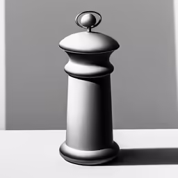 a white pepper mill with a shadow behind it