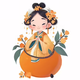 a child in a flowery yellow robe is sitting on a round object