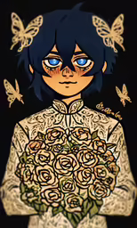 a young woman holding flowers in her hands