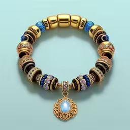 a gold and black bracelet with a blue charm,a blue and gold bracelet has a crystal