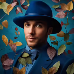 man in blue suit and hat surrounded by colorful leaves