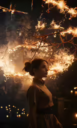a woman wearing a dress is looking at the sky as fireworks are flying in the background