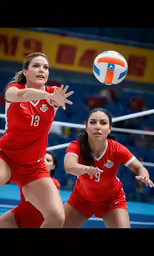 two female volleyball players are jumping to hit the ball