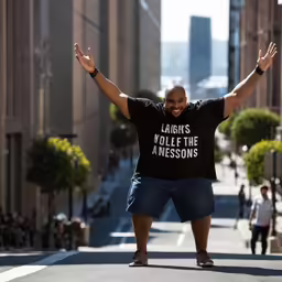 man posing with arms spread on the side walk of a city street
