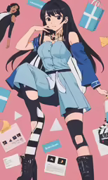an anime image with a girl sitting in front of a pink background