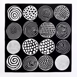 many circles are arranged in black and white on the wall,nine circles in black and white with a pattern of smaller circles