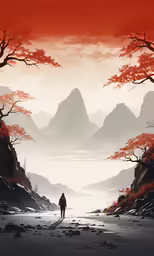 the silhouette of a man in a misty, orange and grey forest