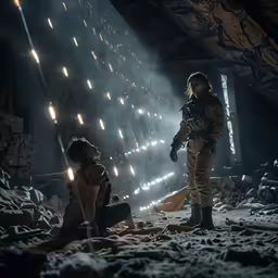 a man and woman in a room with lighting