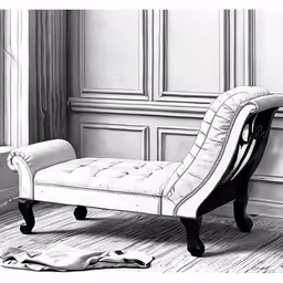 a white and black bench and chair next to wall