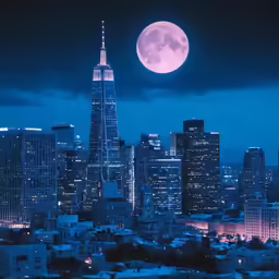 the moon rising over a city in the evening