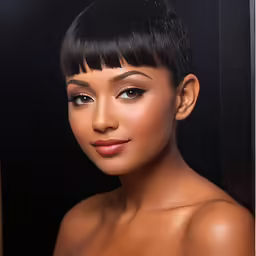 a woman with short hair wearing a high bun