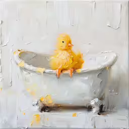 a painting of a small yellow bird inside a bathtub,this is an image of a painted photo