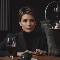 woman at a desk with a wine glass and two silver kegs