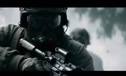 someone is in camouflage gear with a gas mask