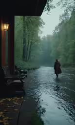 a person walking on a wet street next to a wooden bench