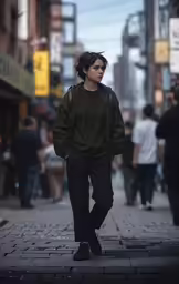 a male in a black jacket and sunglasses walking down the sidewalk