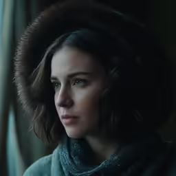 a woman with a winter coat looking to the side