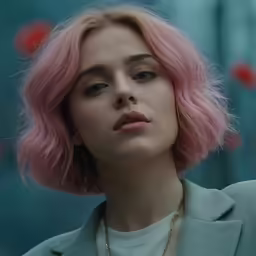 a woman with short pink hair and a white shirt