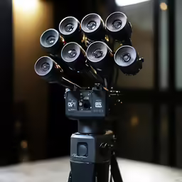 many lights and tripod on a table in a room