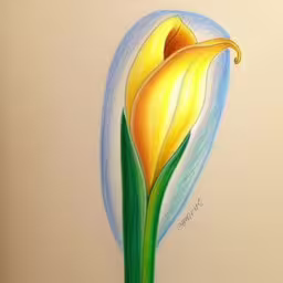 this picture has been altered to appear old,a yellow flower in a vase next to a white wall,this drawing is of a yellow flower with leaves,a drawing of a yellow flower is in colored pencils,a yellow lily flower with blue swirls and green stems