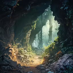 a jungle is shown with large, mossy, rock archways