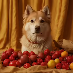 a dog sits among some raspberries and fruit