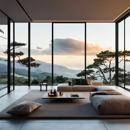 a large living room with a lot of windows and couches