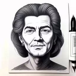 a drawing of john lewis is shown next to a marker,a drawing of the famous president of the united states, ronald mcdonald,a drawing of an older woman is next to the pen and ink,drawing portraits of famous people with marker pens,an art work with some black marker pens