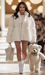 a model walks on the runway holding a teddy bear