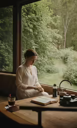 a woman sits by a window in front of a book and bottle
